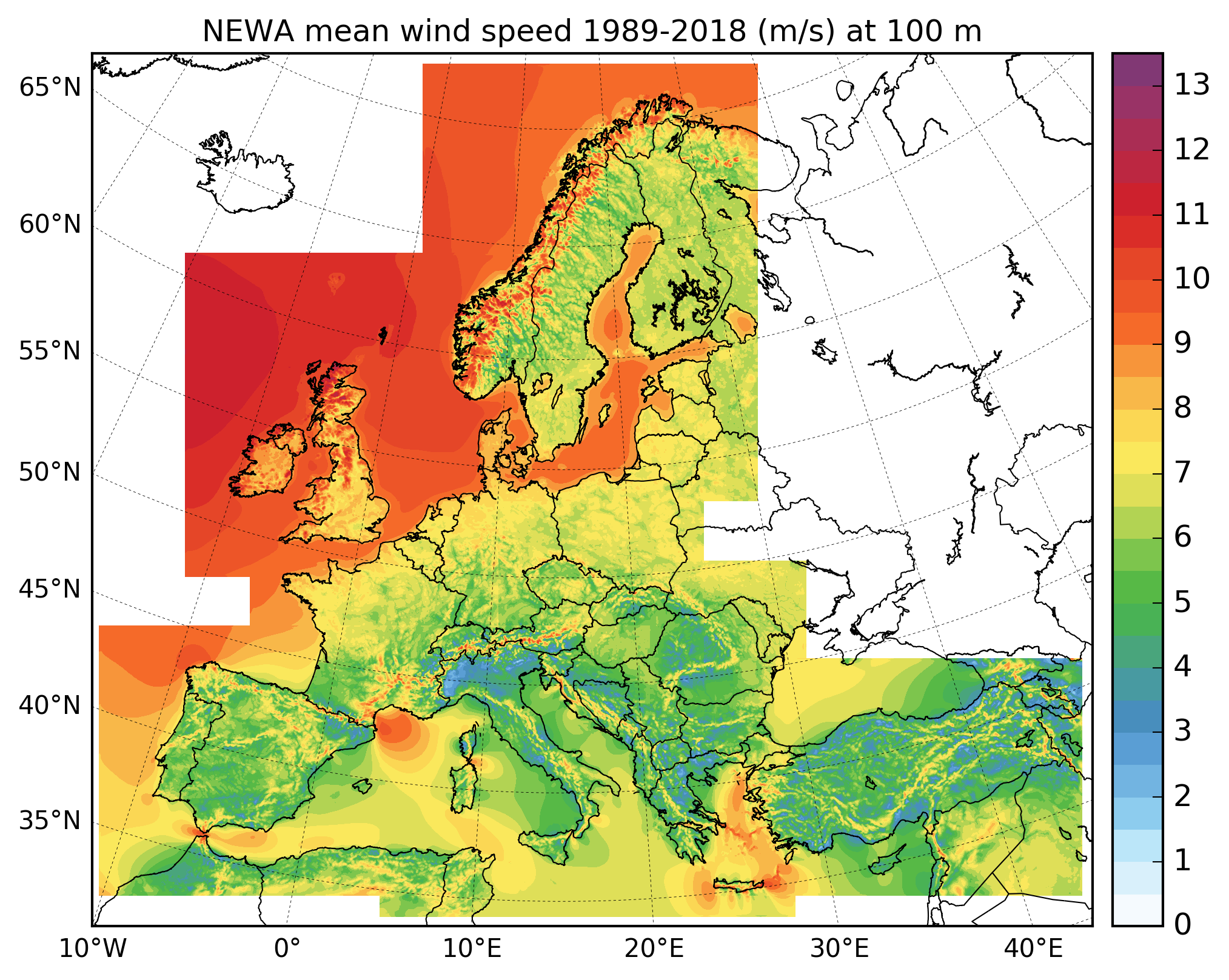 Langjähriges Mittel der Windgeschwindigkeit (1989-2018) in 100 m Höhe für Europa. Langjähriges Mittel der Windgeschwindigkeit (1989-2018) in 100 m Höhe für Europa.