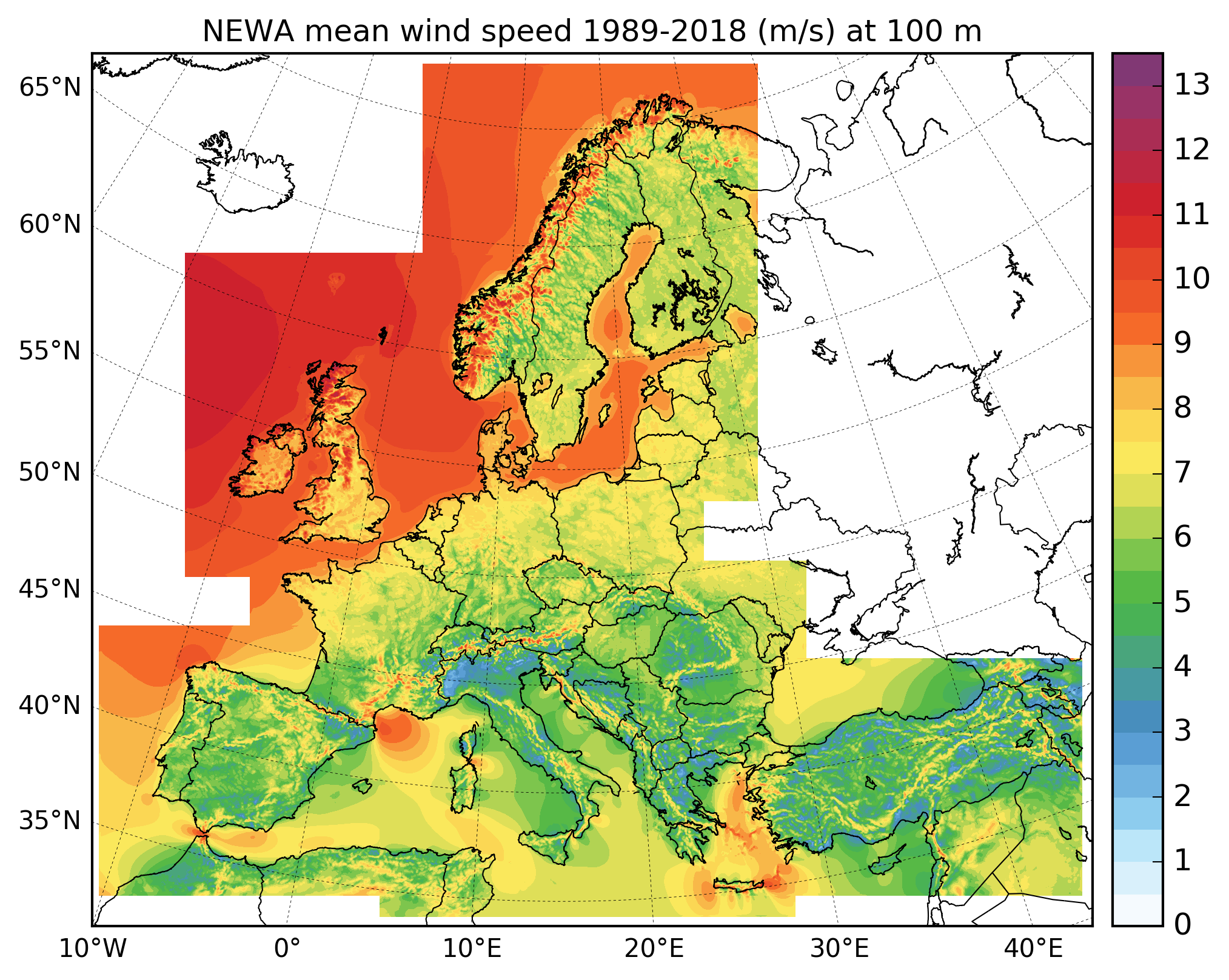 Langjähriges Mittel der Windgeschwindigkeit (1989-2018) in 100 m Höhe für Europa.