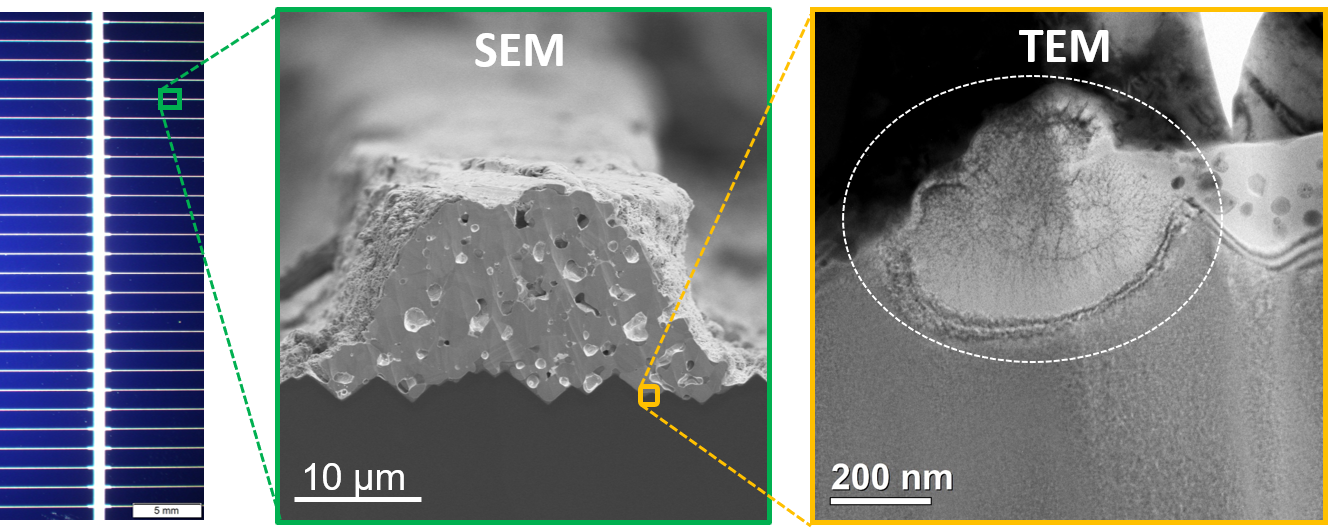 In the project, power losses occurring in the area of high-impedance contacts were significantly reduced using the LECO process, and the associated mechanism of action was elucidated at the microstructure level. The figures show details of the contact points using scanning electron microscopy (SEM) and transmission electron microscopy (TEM).