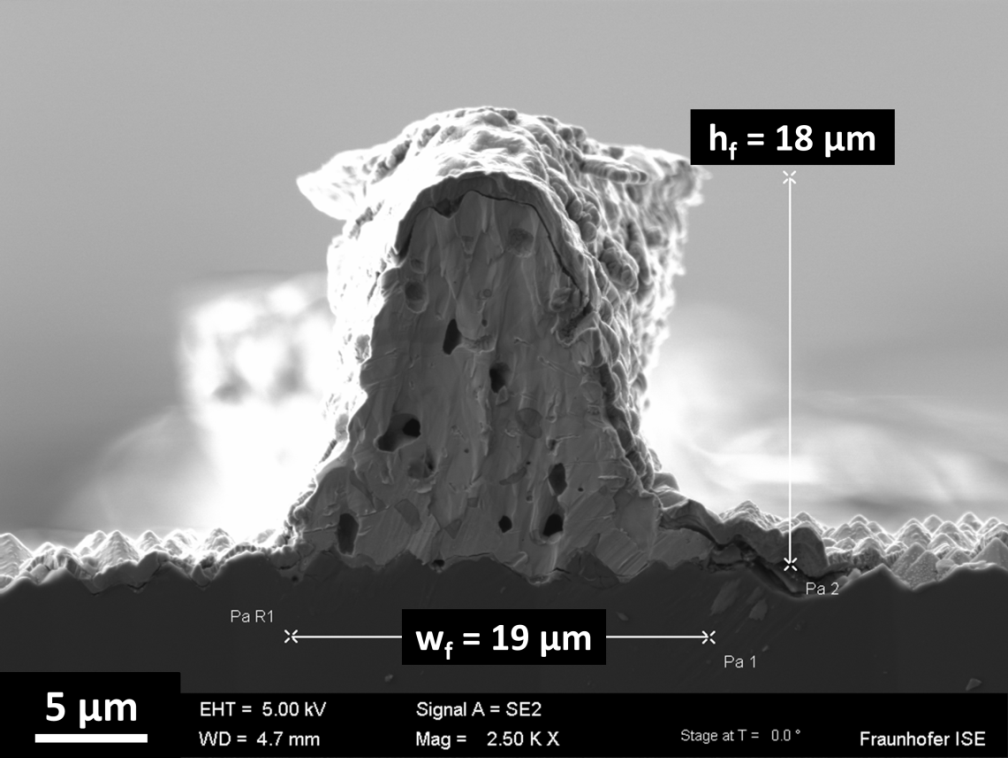 Scanning electron microscope image of the cross-sectional surface of a fine-line screen-printed contact finger. Scanning electron microscope image of the cross-sectional surface of a fine-line screen-printed contact finger.