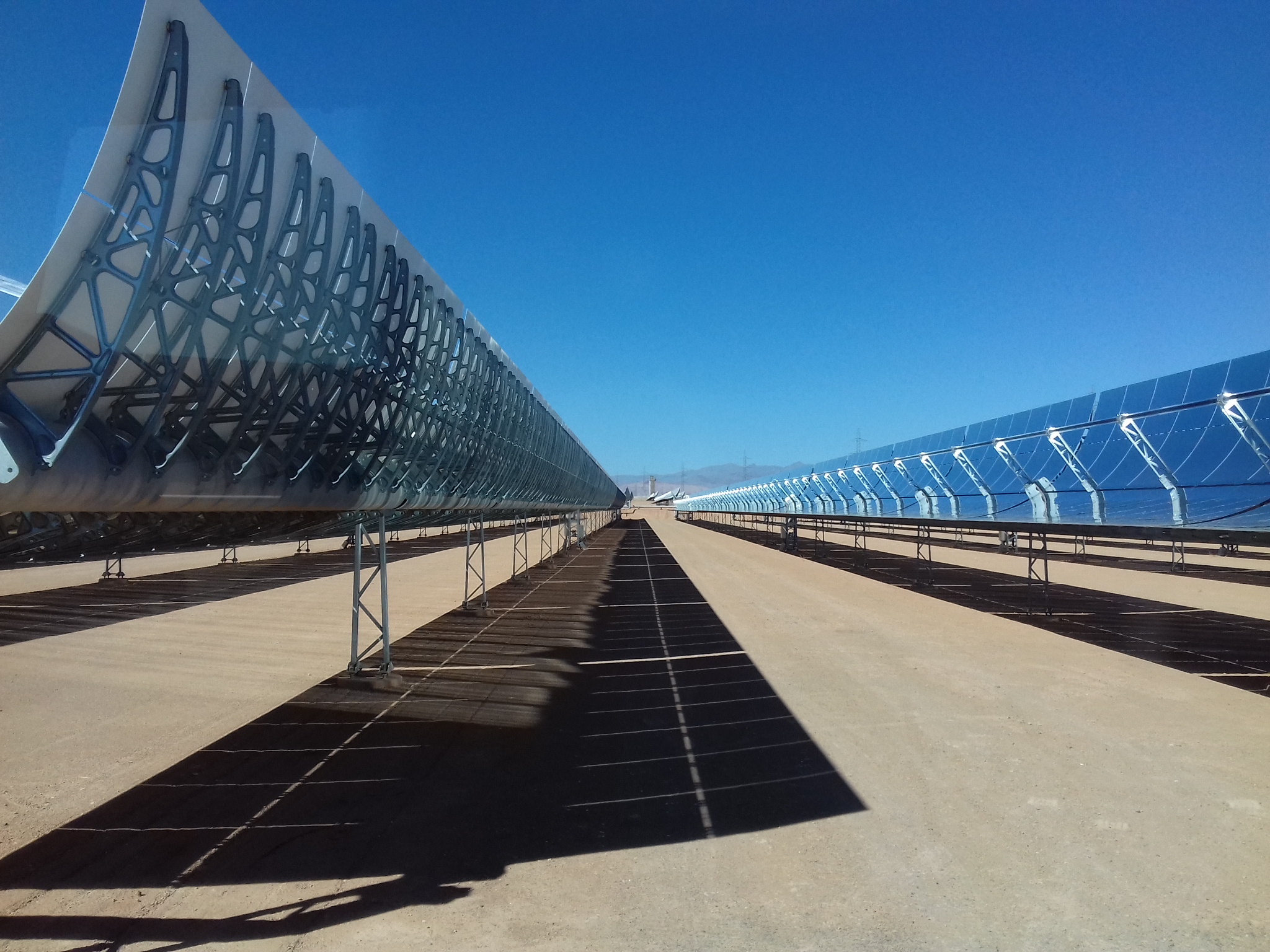Section of a CST parabolic trough power plant near the town of Ouarzazate in Morocco.
