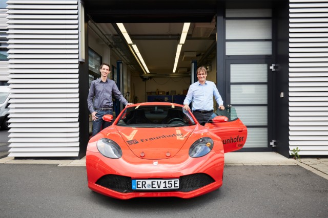 Power electronics for tomorrow's mobility: Dr. Stefan Matlok (left) and Dr. Bernd Eckardt with a research vehicle for new electric drive trains developed by Fraunhofer IISB. Power electronics for tomorrow's mobility: Dr. Stefan Matlok (left) and Dr. Bernd Eckardt with a research vehicle for new electric drive trains developed by Fraunhofer IISB.